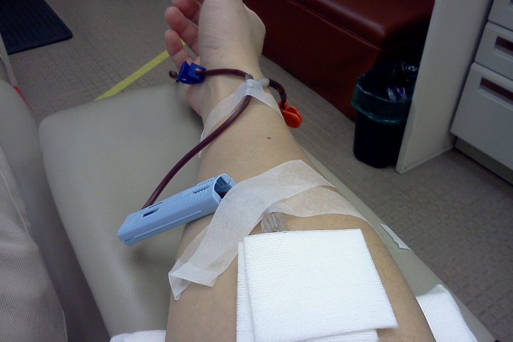 Braço de doador durante coleta de sangue