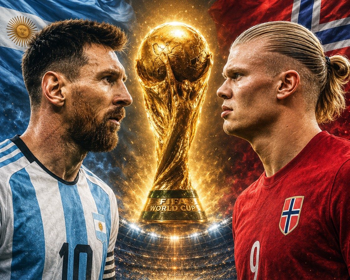 Arte com Messi e Haaland e o troféu da Copa do Mundo