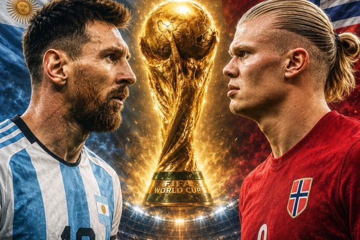 Arte com Messi e Haaland e o troféu da Copa do Mundo