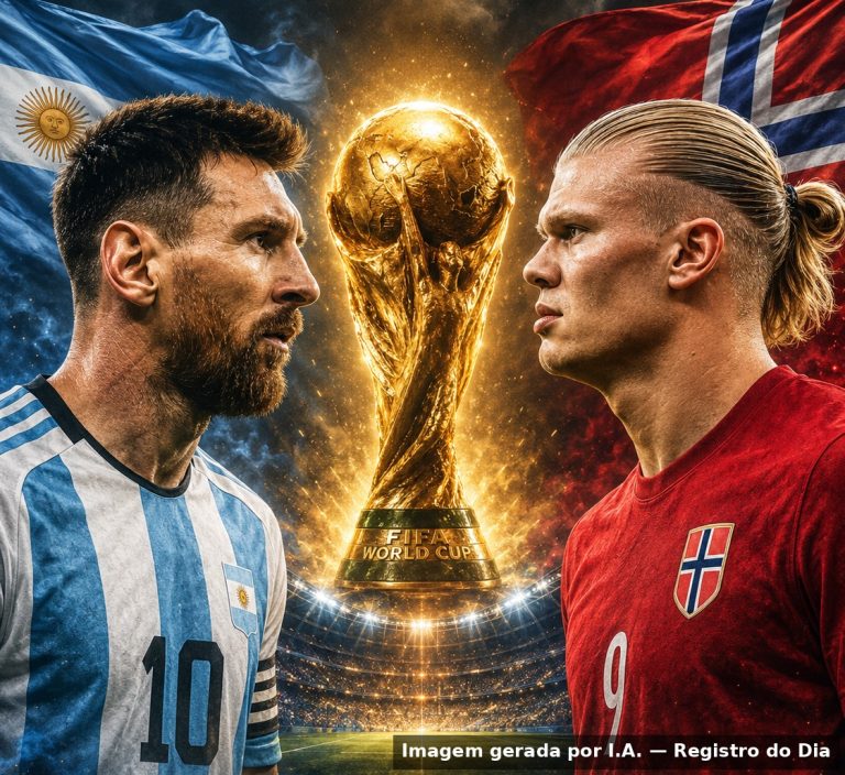 Arte com Messi e Haaland e o troféu da Copa do Mundo