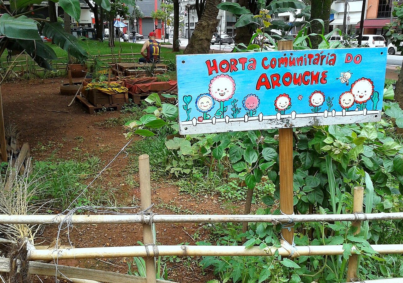 Horta comunitária com canteiros e placa colorida