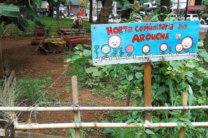 Horta comunitária com canteiros e placa colorida