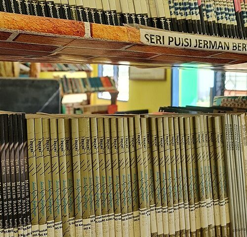 Livros em estante de biblioteca escolar