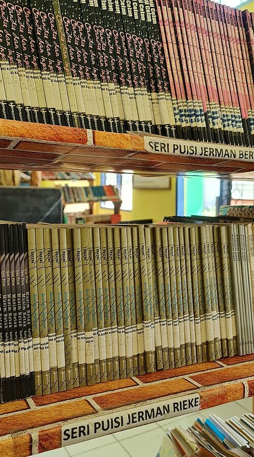 Livros em estante de biblioteca escolar