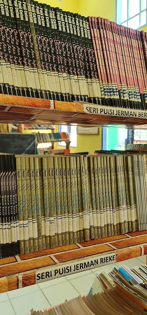 Livros em estante de biblioteca escolar