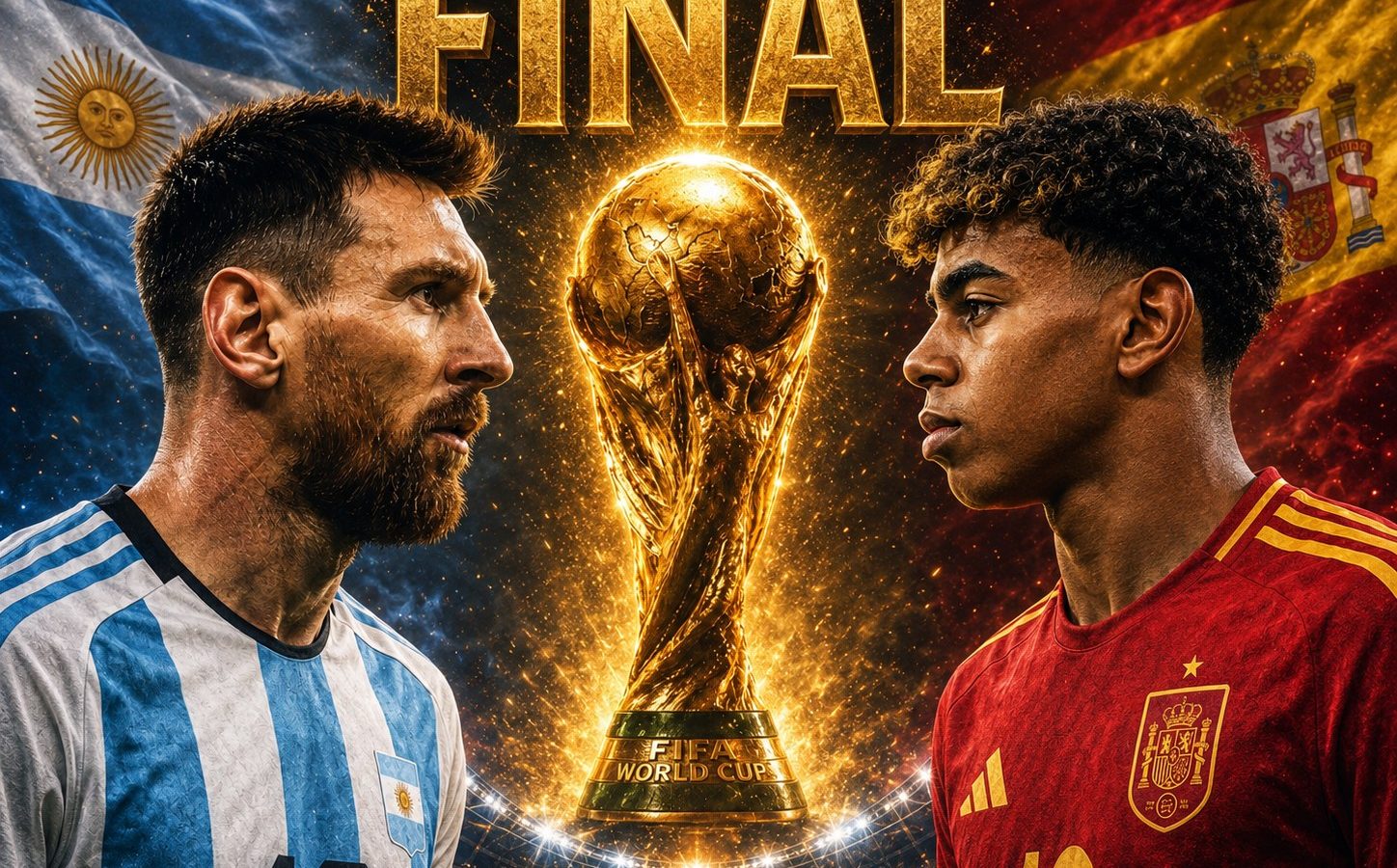 Arte da final da Copa do Mundo 2026: Messi (Argentina) e Lamine Yamal (Espanha) frente a frente com a taça