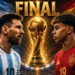 Arte da final da Copa do Mundo 2026: Messi (Argentina) e Lamine Yamal (Espanha) frente a frente com a taça