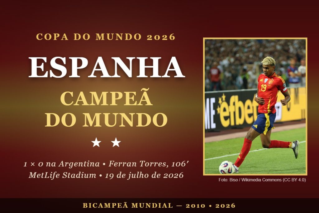 Arte: Espanha campeã do mundo 2026 — Lamine Yamal com a camisa da Espanha; 1 a 0 na Argentina, gol de Ferran Torres