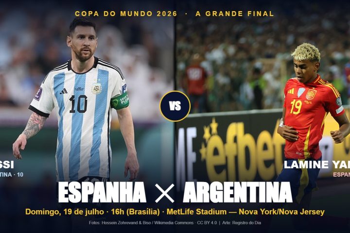 Montagem da grande final da Copa 2026: Messi (Argentina) e Lamine Yamal (Espanha)