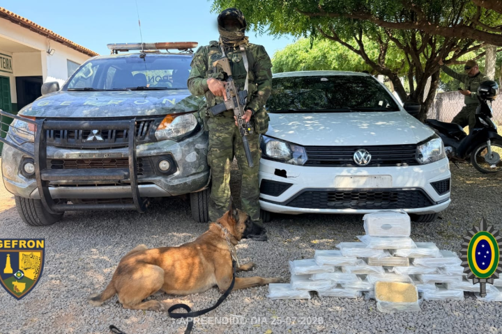 Policial do Gefron e cao farejador ao lado de viatura, do Gol branco apreendido e dos tabletes de cocaina enfileirados no chao