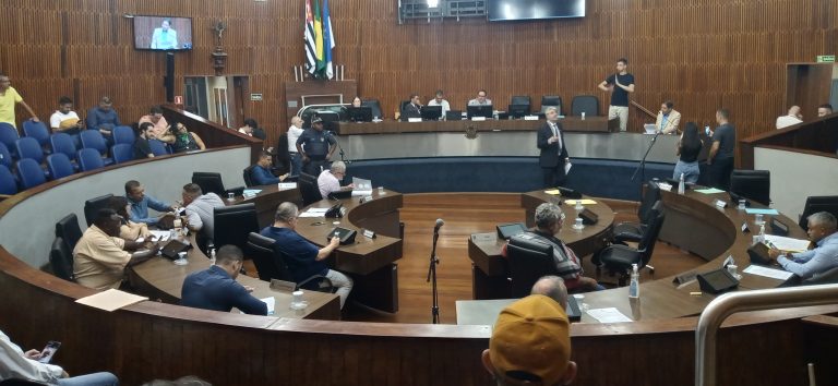 Vereadores reunidos em sessão no plenário de uma câmara municipal