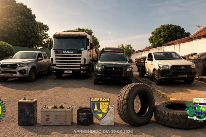 Caminhonetes, carreta Scania, baterias veiculares e pneus apreendidos