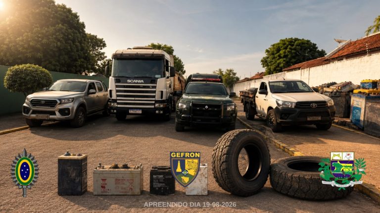 Caminhonetes, carreta Scania, baterias veiculares e pneus apreendidos