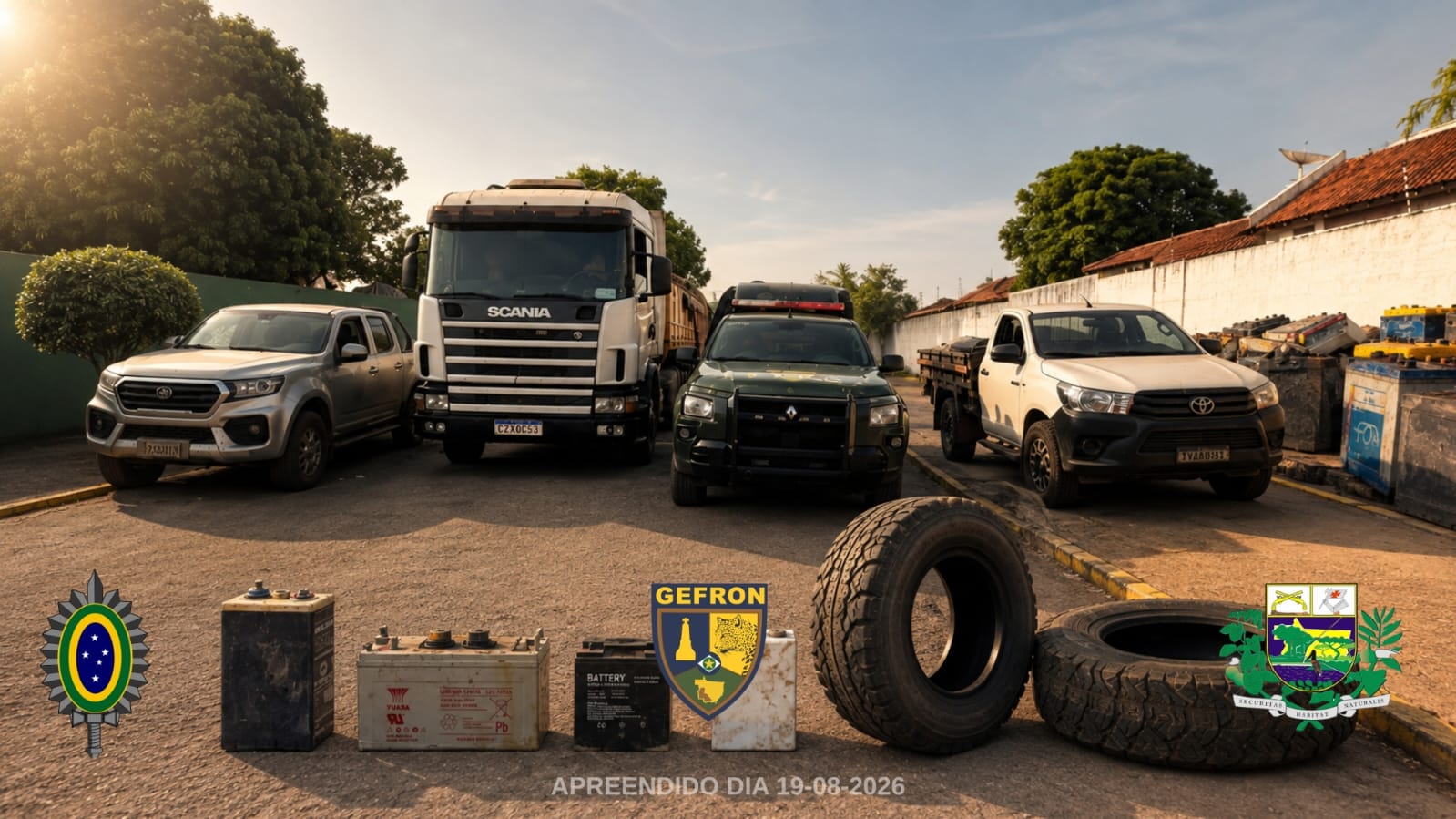 Caminhonetes, carreta Scania, baterias veiculares e pneus apreendidos