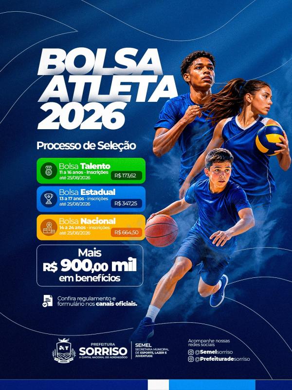 Sorriso abre inscrições do Bolsa Atleta 2026 com bolsas de R$ 173 a R$ 664 por mês
