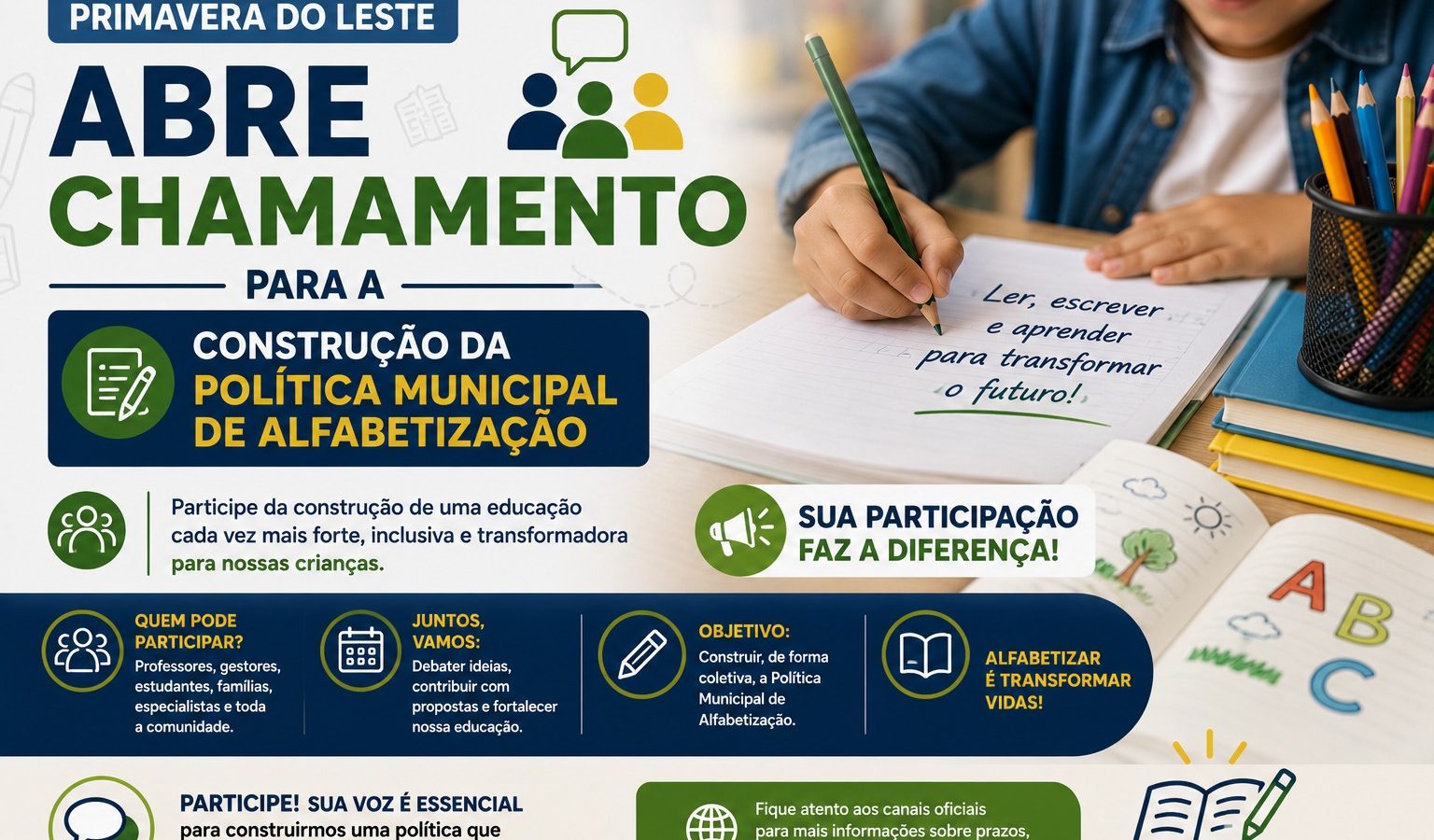 Primavera do Leste abre inscrições para o comitê que vai elaborar a Política Municipal de Alfabetização