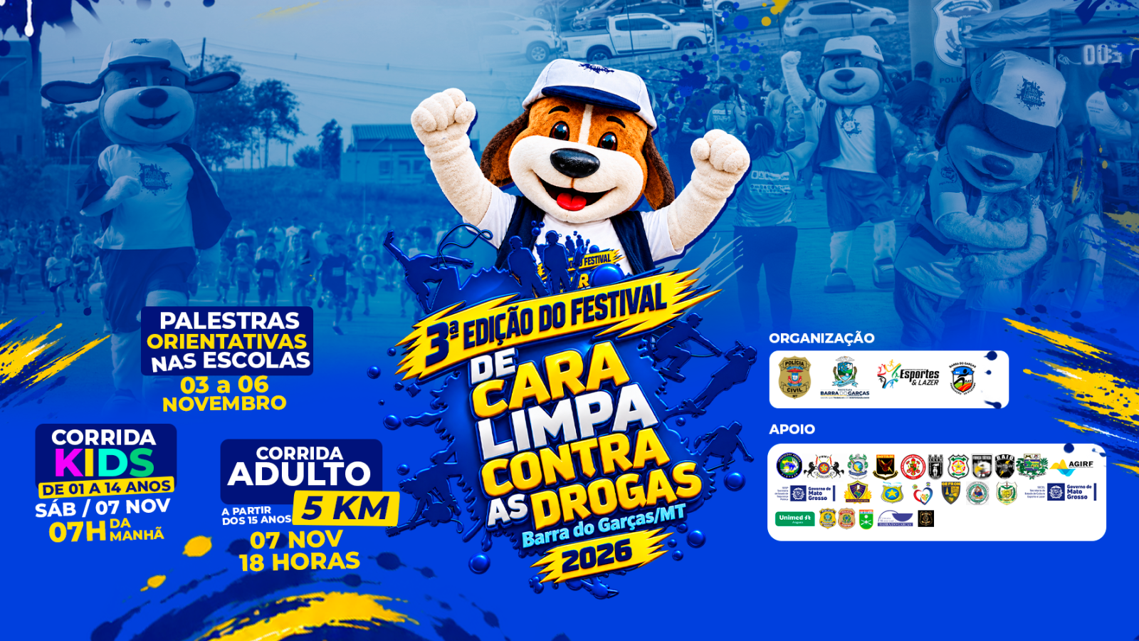 Barra do Garças anuncia festival de prevenção às drogas de 3 a 7 de novembro, com palestras e corridas.