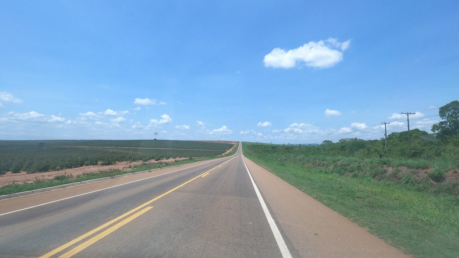 Rodovia MT-130 entre lavouras no município de Poxoréu