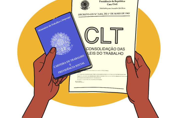 Ilustração de mãos segurando a carteira de trabalho e a Consolidação das Leis do Trabalho