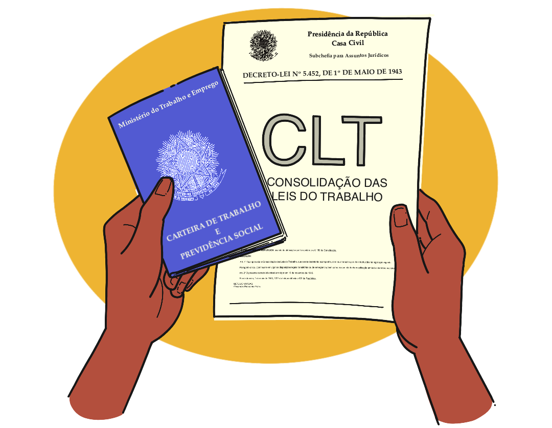 Ilustração de mãos segurando a carteira de trabalho e a Consolidação das Leis do Trabalho