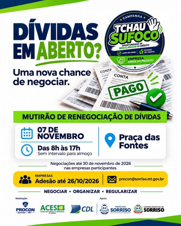 Sorriso terá Dia D de renegociação de dívidas em 7 de novembro; empresas podem aderir até segunda.