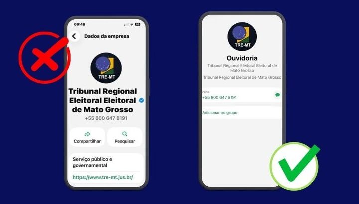 Comparativo divulgado pelo TRE-MT identifica o perfil falso e o canal oficial do Disque-Eleitor.