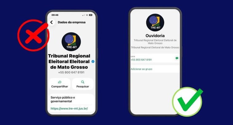 Comparativo divulgado pelo TRE-MT identifica o perfil falso e o canal oficial do Disque-Eleitor.